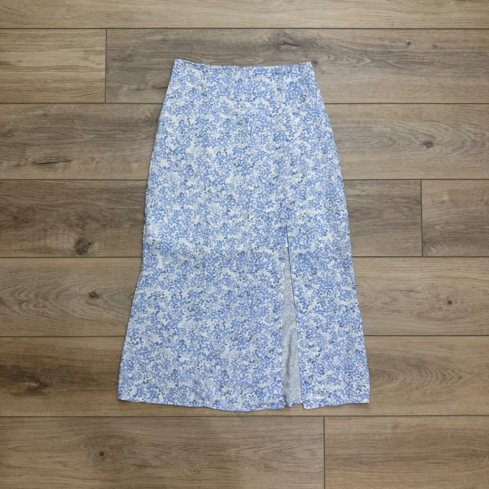 Kookai Blue White Floral Midi Skirt Front Slit High Waisted Soft‎ Girl Size 34
